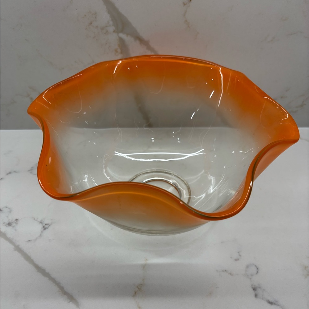 Vintage Orange Ombré Gradient Glass Ruffled Large Serving Bowl MCM Rare Unique